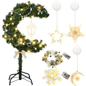 Glooglitter 6ft Ramadan Moon Tree: Lighted Crescent Artificial Tree with Star String LED Eid Outdoor Decoration for Eid Ramadan Garden Home Bedroom Party Decor(Green)