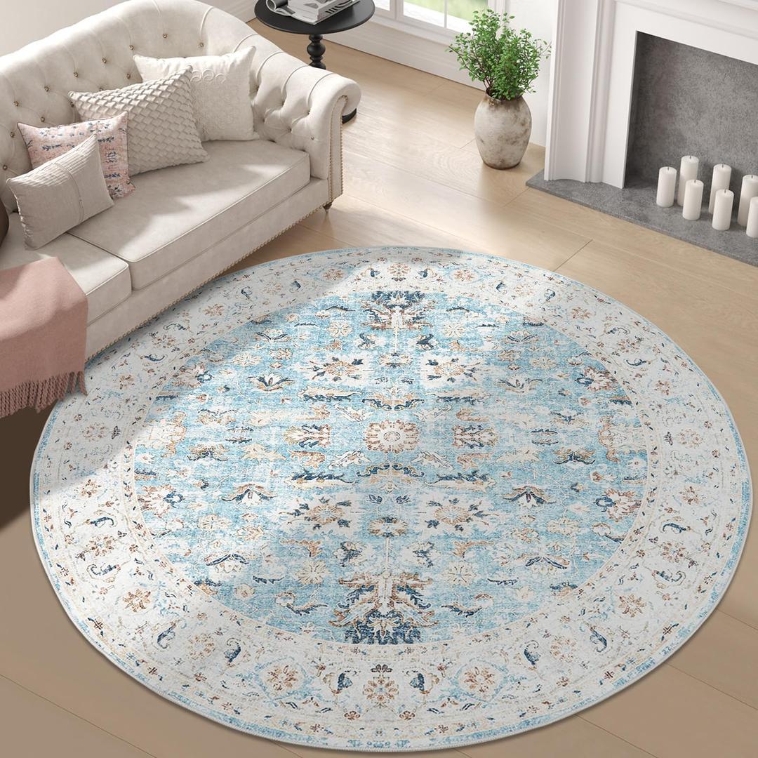 jinchan Round Rug 6ft Area Rug - Washable Boho Vintage Floral Circle 6' Round Floor Cover Lightweight Low Pile Thin Throw Non-Slip Carpet for Kitchen Living Room Bedroom Dining Room Office Light Blue (Distressed Blue Multi)