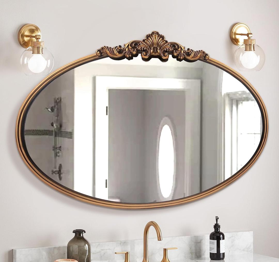 WAMIRRO Oval Mirror,Gold Traditional Vintage Ornate Baroque Mirrors,Antique Brass Mirrors for Entryway/Fireplace/Living Room/Hallway/Bathroom.36X24Gold