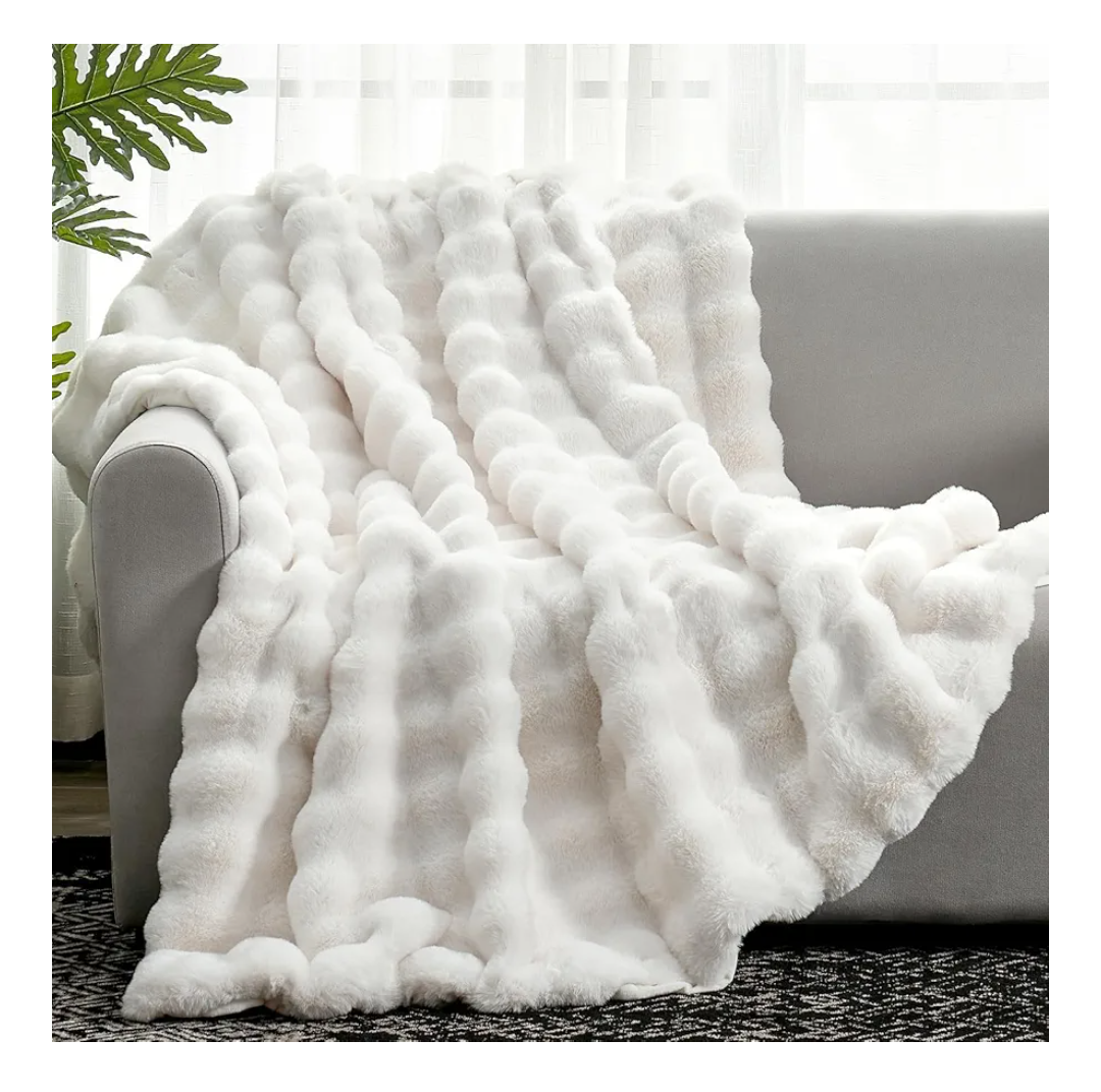 Cozy Bliss Faux Fur Throw Blanket for Couch, Fuzzy Soft Plush Thick Bubble Blanket for Sofa Bedroom Living Room, 50 * 60 Inches Cream White