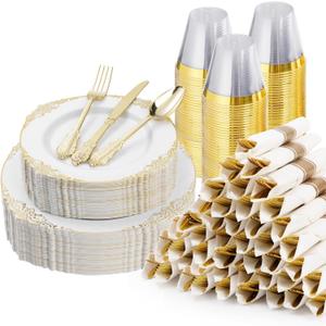 350PCS Gold Plastic Plates for 50 Guests, Disposable Dinnerware Sets Include 100 Gold Rim Plastic Plates, 50 Silverwares, 50 Cups, and 50 Pre Rolled Napkins for Party, Wedding, Graduation
