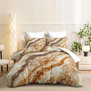 CCoutueChen Abstract Queen Size Comforter Set Brown Marble Bedding for Women Girls Modern Decor Quilt Set - 3Pcs Soft Fluffy Microfiber with 2 Pillowcases(90 * 90)