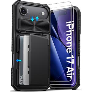 ATATOO for iPhone Air Case Wallet with HD Tempered Glass Screen Protector [2 Pack], Card Holder & Slide Camera Cover, Drop Protection, Hard Protective Case for iPhone Air 2025 6.5", Black