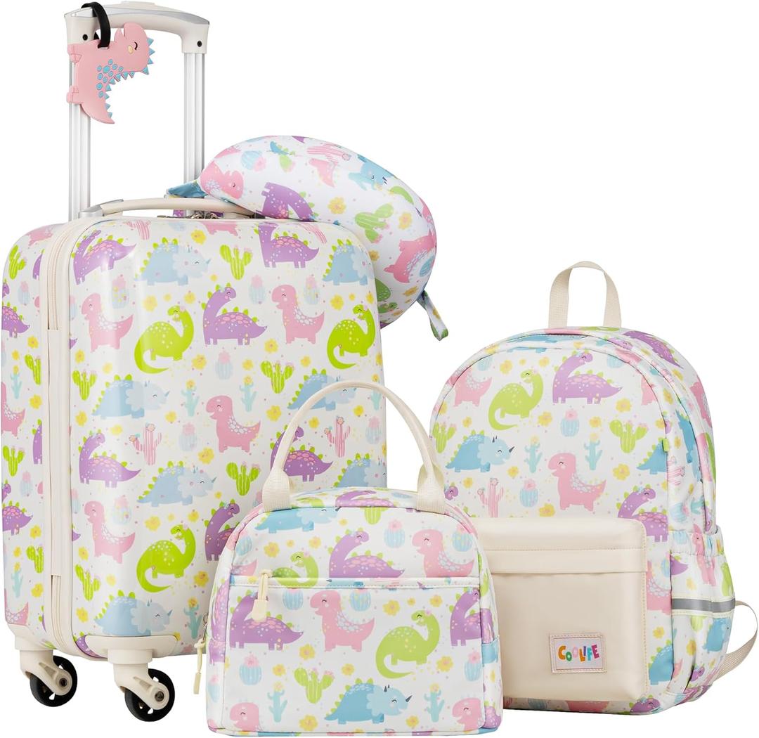Coolife Kids Luggage Set 5 Piece Suitcase Set 16 Carry on Hardside Spinner Toddler Luggage Travel Rolling Luggage Girls Boys (Dinosaurs)