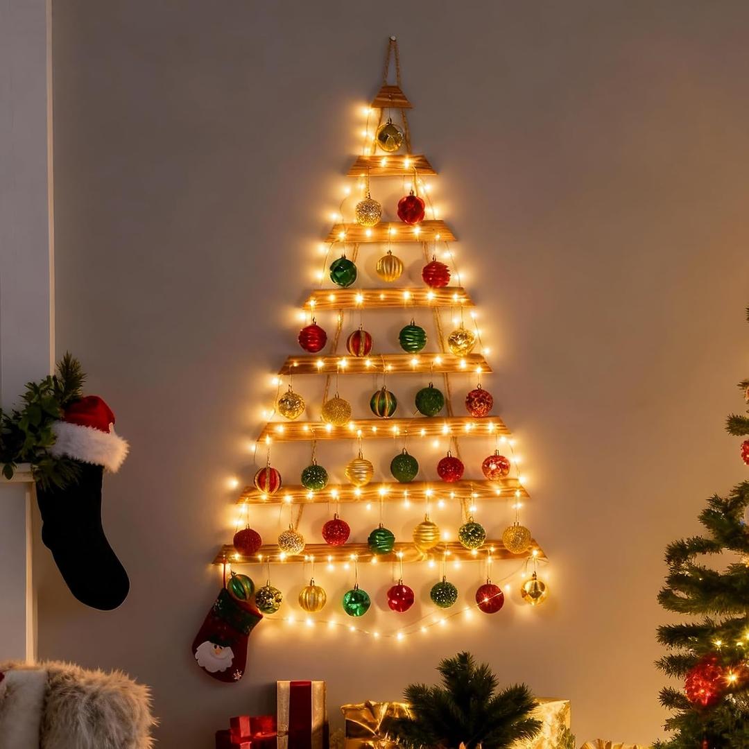 Wall Christmas Tree Set, Wood Tree with Remote 100-LED Light and 36 Pcs Hanging Ornaments for Living Room, Bedroom, Christmas Wall Decor (44 Inch)