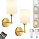 Battery Operated Wall Sconce Set of Two,Wireless Rechargeable Wall Light With Remote Control, Dimmable, 1800K/3000K/4000K/6000K/RGB, Timer, for Living Room, Bedroom, Fireplace, TV, 13.5 Inch, Gold
