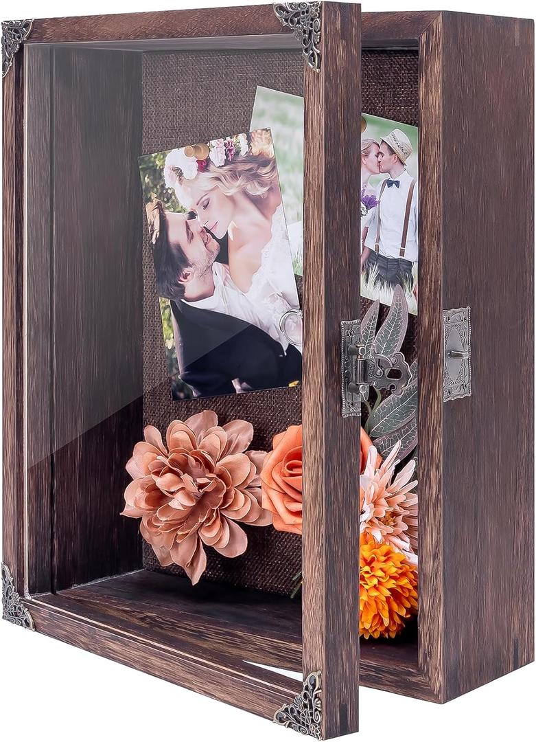 Deep Shadow Box Frame 11x14, 4.7in Depth Shadow Boxes Display Case with Soft Linen PIN Board, Vintage Charred Finish & Mortise-Tenon Joint, Retro Metal Hardware (Rustic Brown)