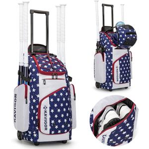 KAVIGOR Rolling Baseball Bag with Wheels, 60L Capacity Softball Bag Holds 4 Bats for Boys and Girls, Youth Equipment Bag with Shoe Compartment