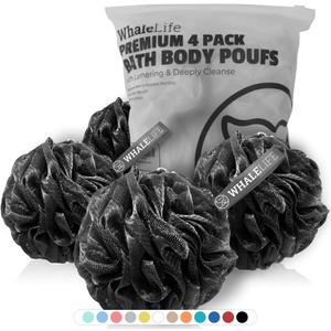 WhaleLife Loofah Bath Sponges - Black Gentle Exfoliating Shower Loofah for Rich Lather, Durable Mesh Body Scrubber for Men & Women 4 Pack