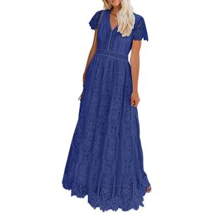 MEROKEETY Women's 2026 V Neck Short Sleeve Floral Lace Wedding Dress A Line Boho Bridesmaid Cocktail Party Maxi Dress (Medium)