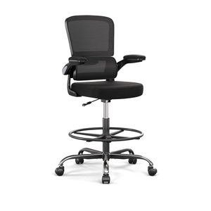 Ergonomic Drafting Chair with Footrest,Tall Office Chair for Standing Desk with Flip-up Armrests with Breathable Comfy Mesh Support and Adjustable Foot Rest Ring(Black)