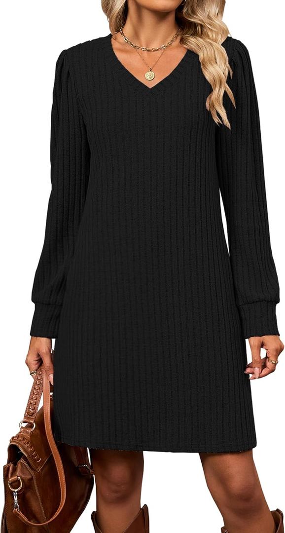 Halife Womens Knit Long Sleeve Fall Dresses Casual V Neck Tunic Sweater Dresses with Pockets (Large, Black)