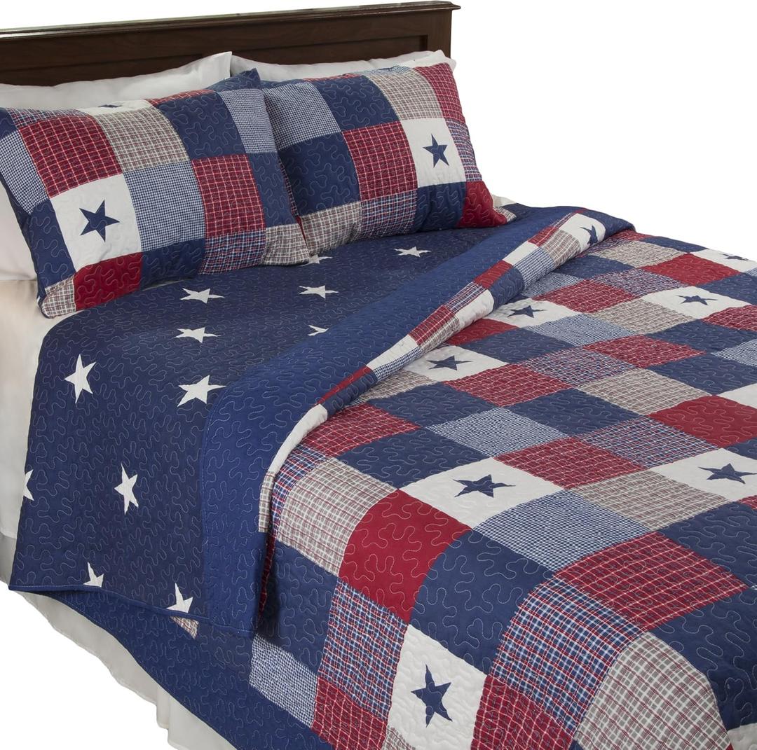Lavish Home 2-Piece Caroline Patriotic Quilt Set  Microfiber Americana Stars and Plaid Patchwork Blanket Bed Set with Sham  Home Bedding (Twin)