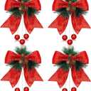 Xinnun 4 Pieces Christmas Buffalo Plaid Bows with Pine Cones Pine Needles Xmas Plaid Bow Ribbon Christmas Tree Wreath Decoration for Holiday Parties DIY Crafts Home Decor Indoor Outdoor (Red)