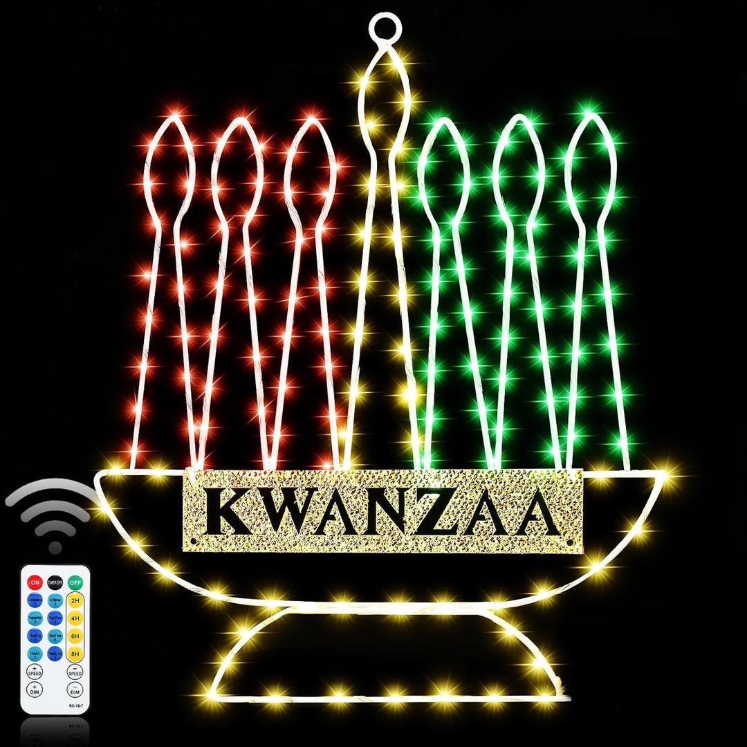 Kwanzaa LED Candles Lights Decoration Kinara Kwanzaa Candle Taper Candlestick Light Window Decor Mishumaa Saba Menorah Remote Lighting Silhouette for Indoor Home Wall Party USB Powered