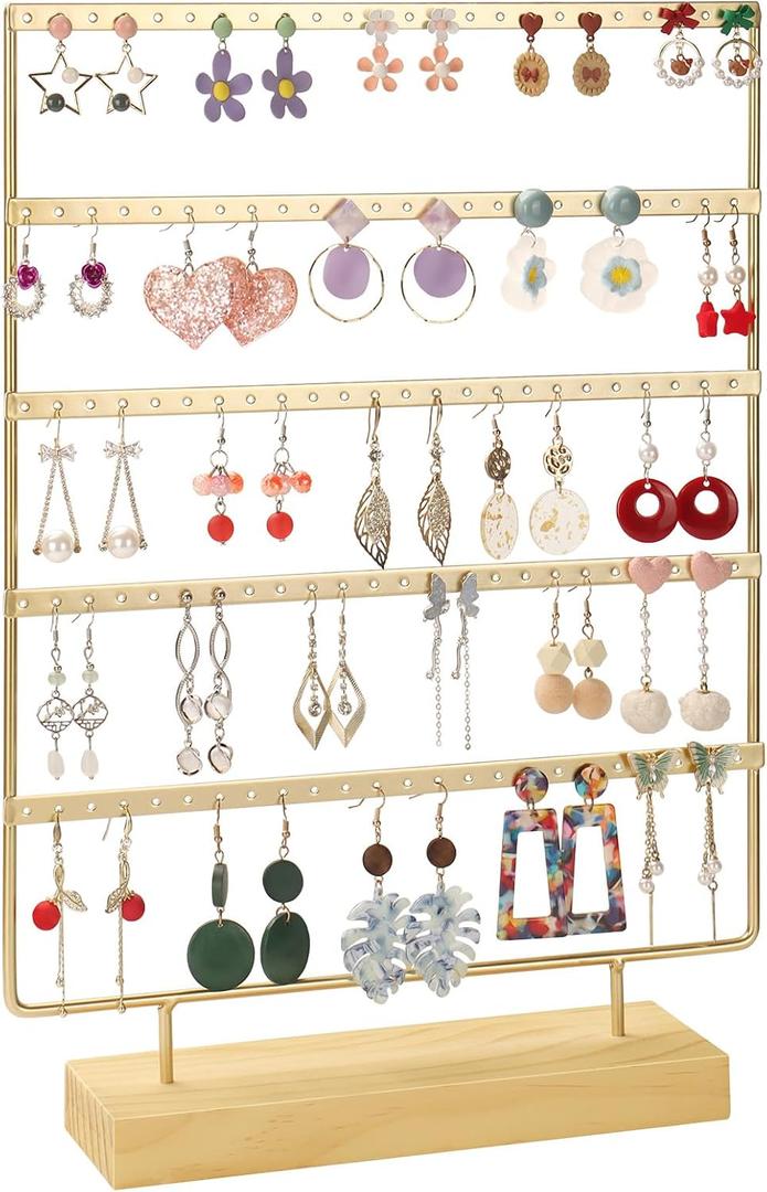 Jewelry Organizer, 5 Tiers Earring Organizer with 120 Holes for Storing and Displaying Earrings of Various Styles, Models and Sizes, Removable Wooden Base for Home and Store Use