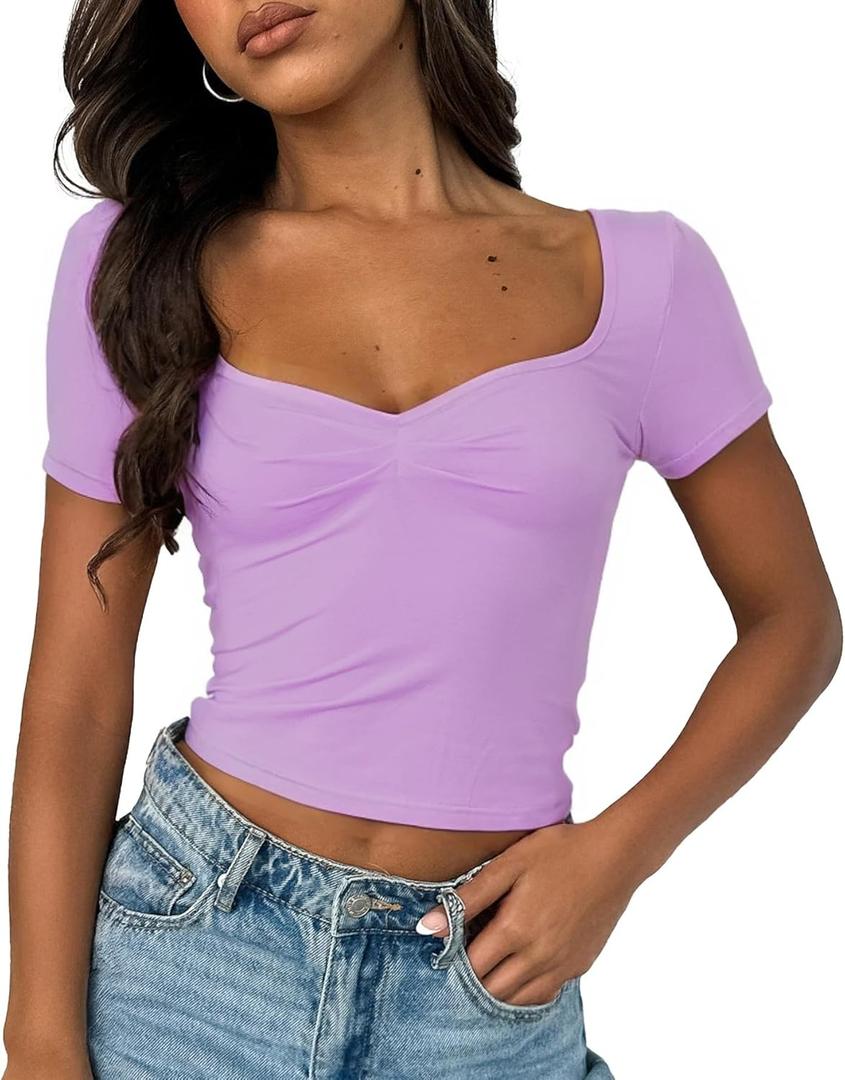 ForeFair Women's Sexy Short Sleeve Going Out Tops Pleated Bustier Shirt Cute Sweetheart Neck Y2K Crop Tee（Light Purple, XS）