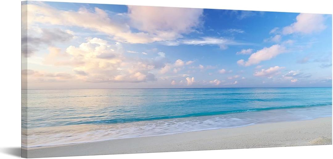 iKNOW FOTO Blue Beach Sun Ocean Landscape Canvas Prints Modern Stretched and Framed Seascape 1 Panel Giclee Prints Stunning Wall Art for Living Room and Bedroom Decor 20x48 Inches