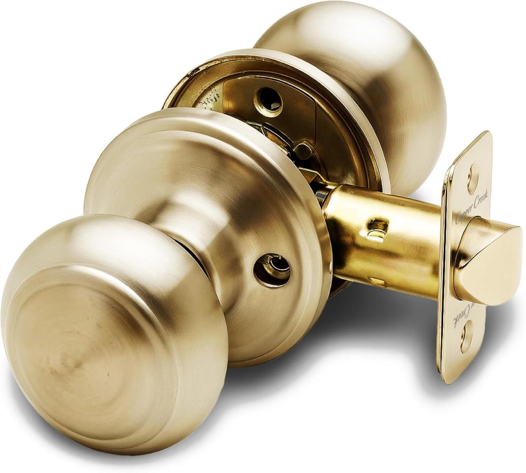 Copper Creek Colonial Passage Interior Door Knob ANSI Grade-3 Certified, Modern Heavy Duty Handle, Easy Install and Reversible for Bedroom, Bathroom and Closets Polished Brass (1 Pack)