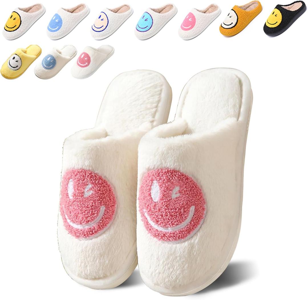 Happy Face Slippers for Women Retro Preppy Slipper for men Comfy Warm Plush Slip-On House Slipper Winter Indoor Non-slip Soft Fluffy Shoes (6.5-7.5 Women/6-7 Men, New Pink)