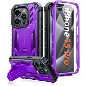 FNTCASE for iPhone 15 Pro Case: Military Grade Drop Proof Rugged Protective Cell Phone Cover with Kickstand & Built-in Protector | Matte Textured Shockproof TPU Hybrid Bumper Cases (Purple)
