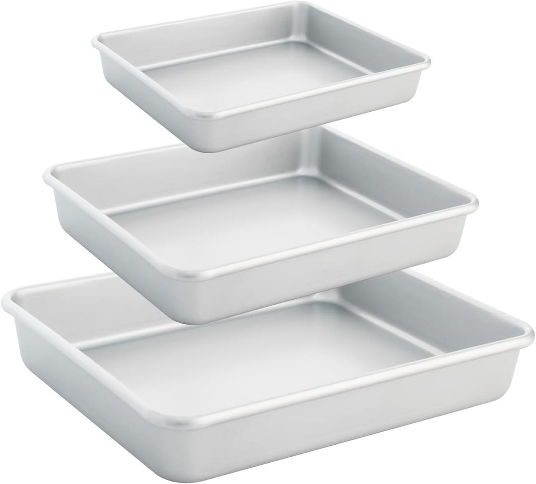 Deep Baking Pans Set of 3, Rectangle Cake Pan Nonstick, Heavy Duty Thick Bakeware Lasagna Pan for Toaster Oven, 9/11/13 Inch Tray for Brownie (Silver)