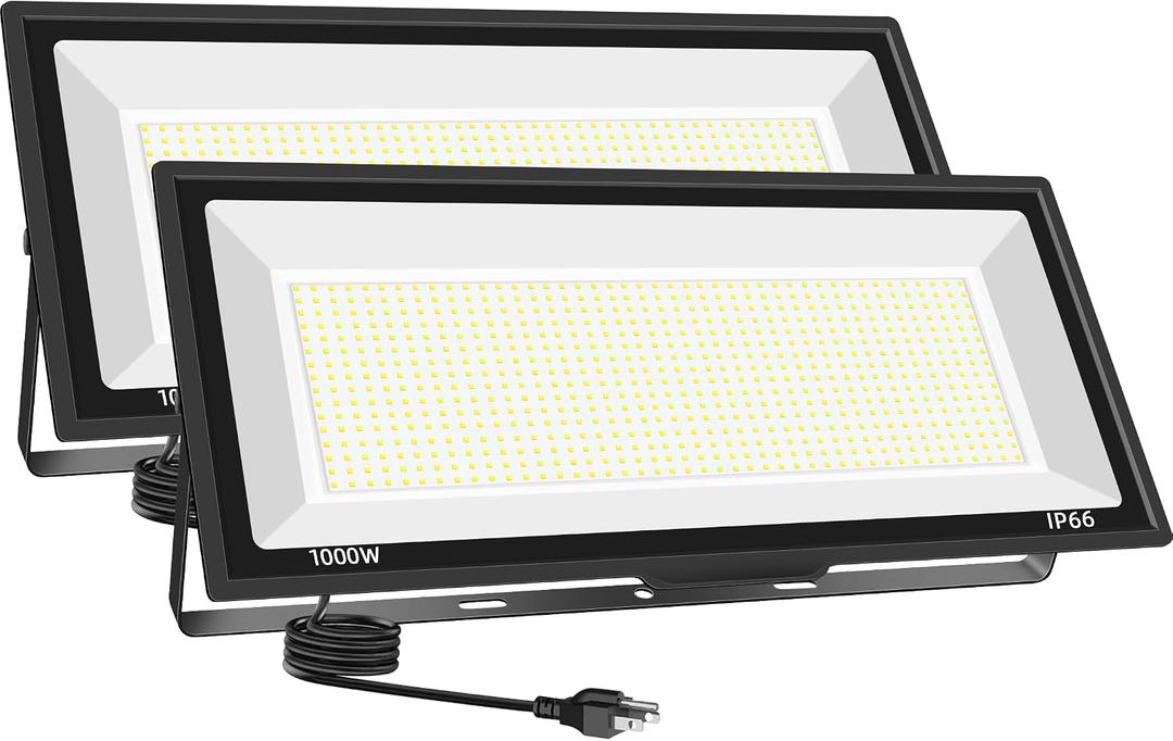 2 Pack 1000W LED Flood Light Outdoor,95000LM 6500K Daylight White Exterior Security FloodLight with Plug, IP66 Waterproof Commercial Lighting for Sports Fields,Parking Lots,Courts,Arena,Stadium