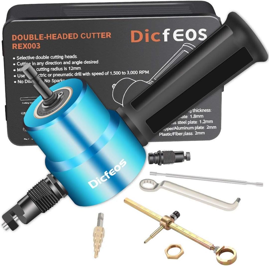 Dicfeos Double Head Metal Sheet Nibbler Cutter with Circle Cutting Accessories, Drill Attachment with Wrench and Parts, Maximum 14 Gauge Steel (Blue)