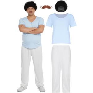 Man Halloween Costume Adult Leisure Blue Shirt White Pants Wig Beard Wrestler Halloween Outfit Accessories (X-Large)