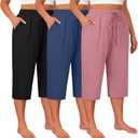 Huukeay 3 Pack Women's Plus Size Capris, Drawstring Cotton Yoga Capri Sweatpants Summer Casual Loose Cropped Pant with Pocket (5X-Large, Black, Denim Blue, Rose Pink)