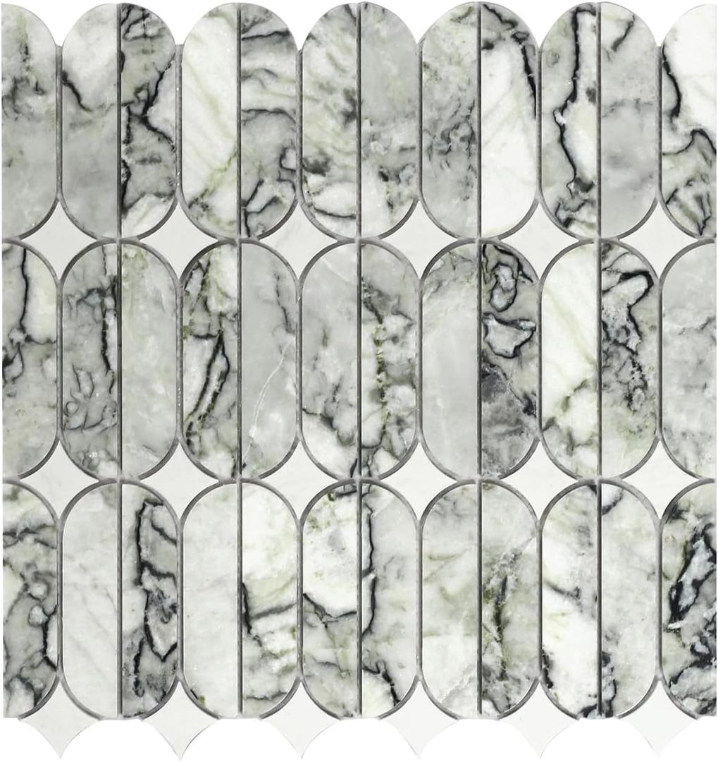 Modern Design Natural White and Gr EEN Marble Mosaic Tile Bathroom Floor Wall Tiles Graphic Design Wall Floor Backsplash Water-Jet Mosaic Tiles for Kitchen 4.78 Square Feet