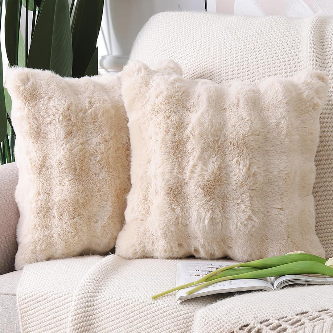 MADIZZ Pack of 2 Thick Plush Wool Throw Pillow Covers 24x24 Inch Beige Soft Neutral Decorative Throw Pillows Accent Boho Cushion Covers for Couch Sofa Bedroom Pillow Shell