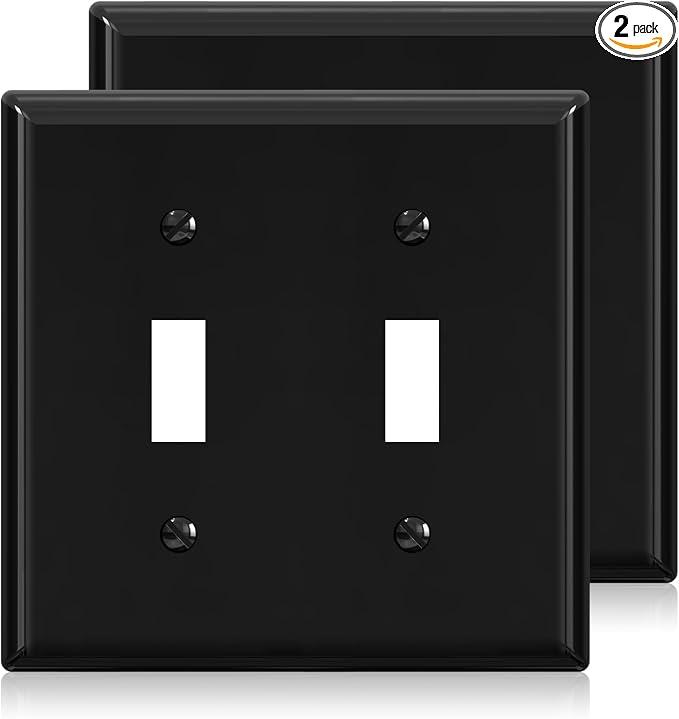 ELEGRP 2-Gang Toggle Switch Wall Plates, Standard Size 4.53" height x 4.57" length Unbreakable Thermoplastic Faceplate Cover for Toggle Dimmer Light Switches, UL Listed (2 Pack, Black)
