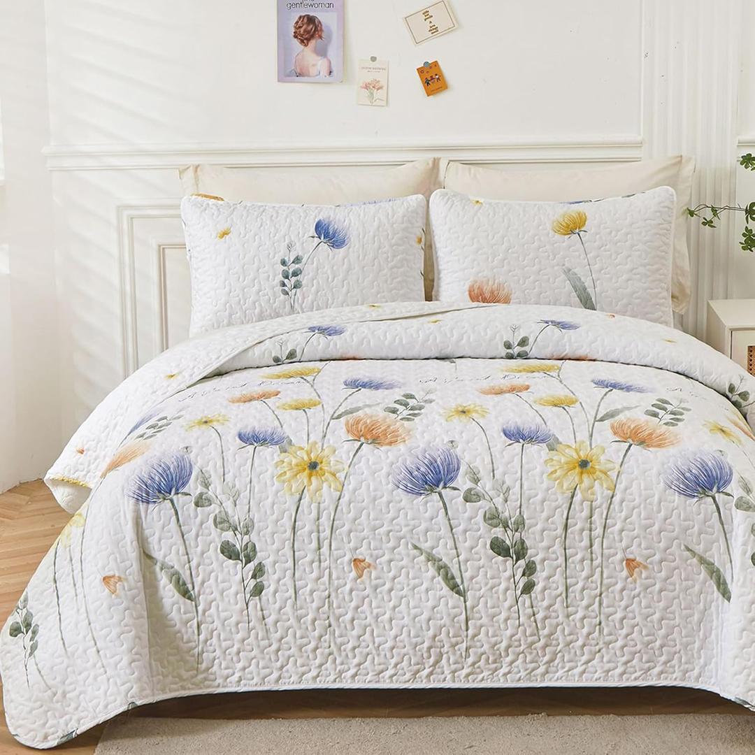 Dinjoy Floral Quilt Set Queen 3 Pieces Blue & Yellow Quilts Bedding Set Bohemian Bedspread Bed Cover Lightweight Spring Summer Beds Coverlet for All Season(96"x90")