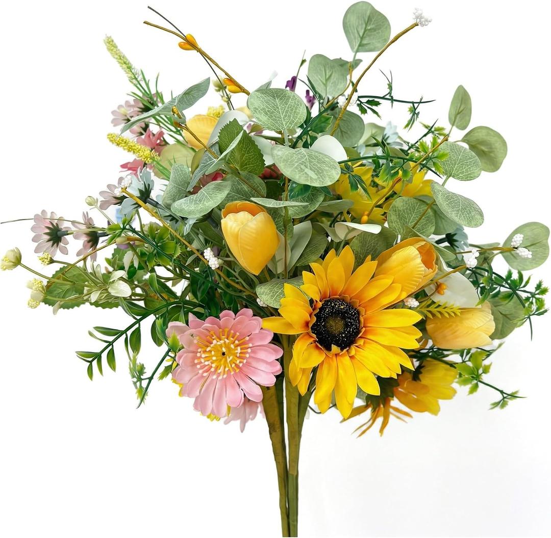 Artificial Wildflowers Bouquet Set - 4 Bundles Colorful Silk Daisies with Stems Floral Arrangement for Vase, Spring Summer Home Décor, Table Centerpiece, Kitchen, Indoor,Party Decoration