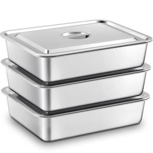 3 Pcs Stainless Steel Bus Tubs with Lid 13 L Commercial Tote Box 4" Deep Food Grade Meat Processing Tubs Lug Dishwashing Utility Prep Tub Table Pans, Silver (17.7 x 13.7 Inch)