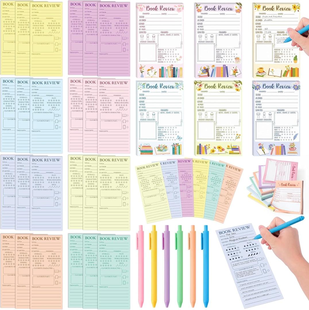 L1rabe Back to School Book Review Set - 24 Coloful Book Review Bookmarks 6 Mini Sticky Notes 6 Notepads 6 Pens for Student Lover Reader Bookworm Bookish Gifts, Review Tracker Reading Log Page Marker, 3x3 inches