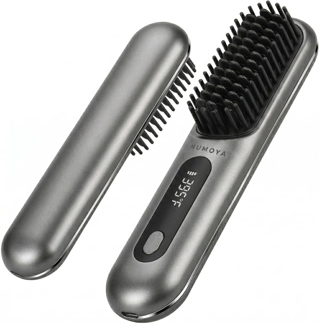 NUMOYA Go Brush Pro Portable Cordless Hair Straightener Brushs for Travel, with 30s Fast Heat, 3 Temperature Settings (Gray)