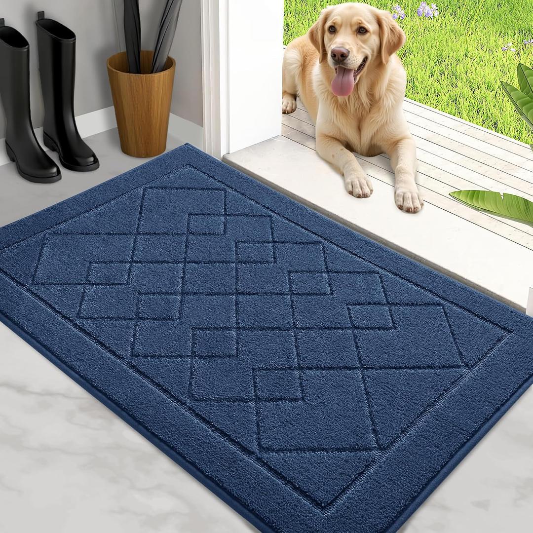 REFETONE Dirt Trapper Door Mat 24" x 36", Doormat Non-Slip Entryway Rugs Washable, Dog Door Mat Stain Resistant and Absorbent Welcome Floor Mat for Front Back Door, Muddy Wet Shoes & Paws, Blue