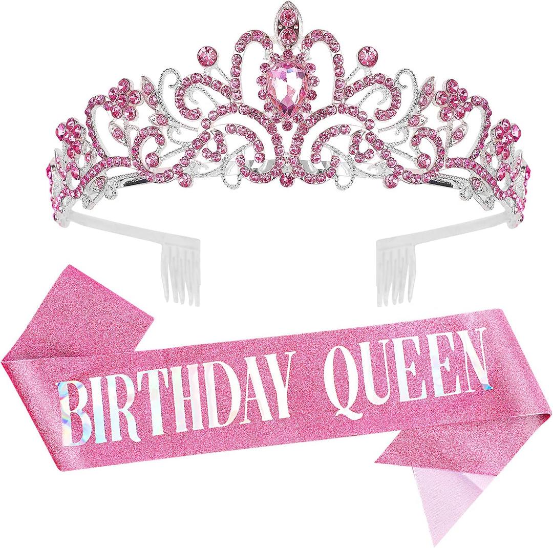 Birthday Tiara for Women, Tiara for Women Pink Rhinestone, Happy Birthday Queen Tiara for Women, Crown for Girls Tiaras Birthday Queen Crowns with Birthday Girl Sash, Pack of 2