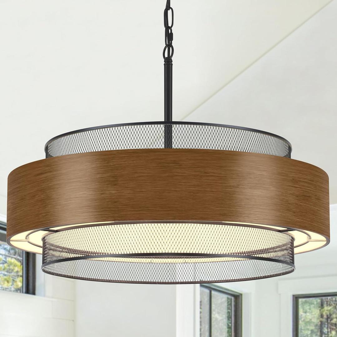 23.6 inch Farmhouse Chandeliers for Dining Room, 6-Light Rustic Large Black Drum Chandelier Metal Imitation Wood Round Hanging Lighting for Entryway Kitchen Island Foyer Bedroom Living Room