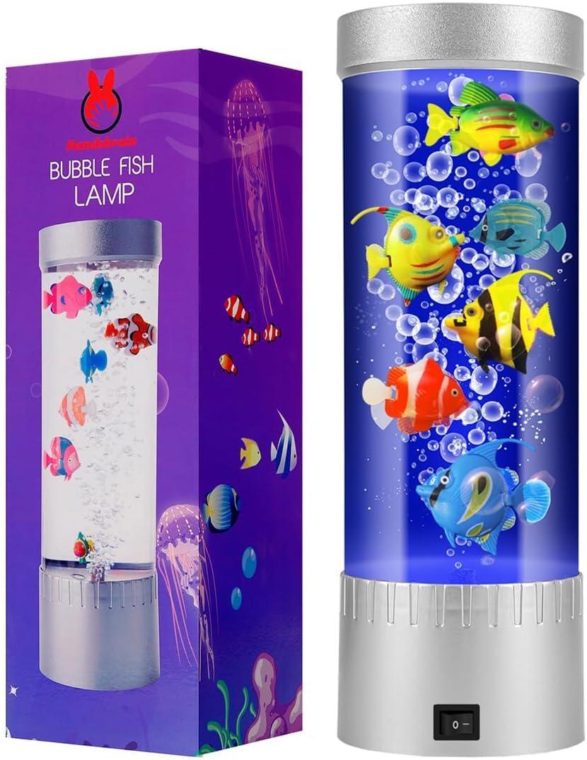 Bubble Fish Lamp with 6 Floating Fake Fish  LED Aquarium Night Light with Moving Fish and Bubbles  Cylindrical Transparent Tank, Perfect for Kids Rooms, Offices, and Living Spaces