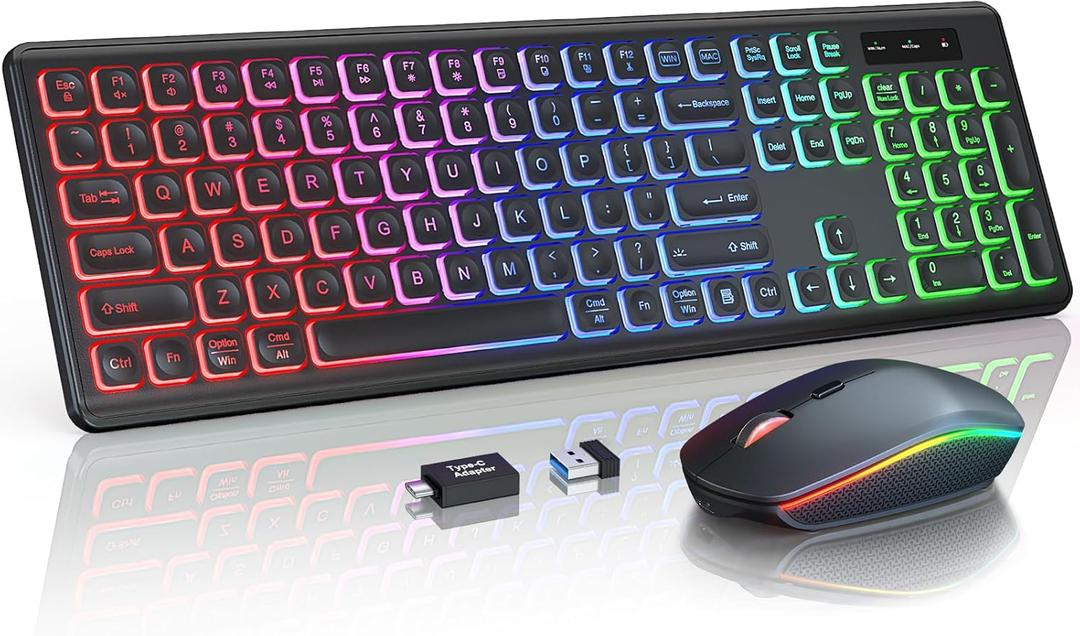 Wireless Keyboard and Mouse Combo, RGB Backlit, Rechargeable & Light Up Letters, FullSize, Soft Typing, Sleep Mode, 2.4GHz Quiet Keyboard Set for Mac, Windows, Laptop, PC, Trueque KM42Pro (Black)