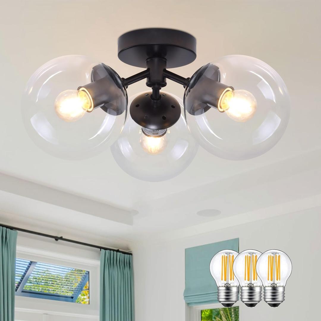 3-Light Modern Black Semi Flush Mount Ceiling Light Clear Glass Globe Ceiling Lights Mid Century Black Chandelier 3 Light Sputnik Ceilings Lights Fixture for Bedroom Hallway Entryway