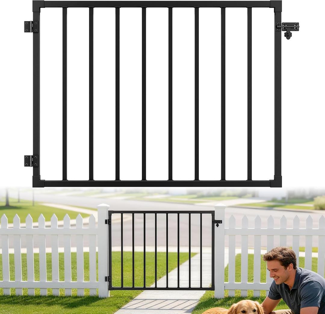 Deck Gate Outdoor, 36''H x 48''W Metal Porch Gate Kit with Latch and Hinge, Heavy Duty Steel Anti-Rust Fence Door for Deck Railing Patio Garden Yard, Black