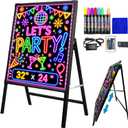 Standing A-Frame LED Message Writing Board 32" x 24", Neon Menu Sign with Adjustable Height, Outdoor Menu Display Board with 8 Colors Markers and Remote Control, DIY Message Light Board