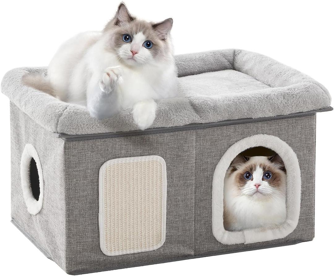 WINDRACING Cat Beds for Indoor Cats - Extra Wide Cat House for Pet and Foldable Cat Cave Bed with Scratch Pad, Cat Hideaway Condo for Kitten, 24.4x16.9x14.2 inches, Light Grey