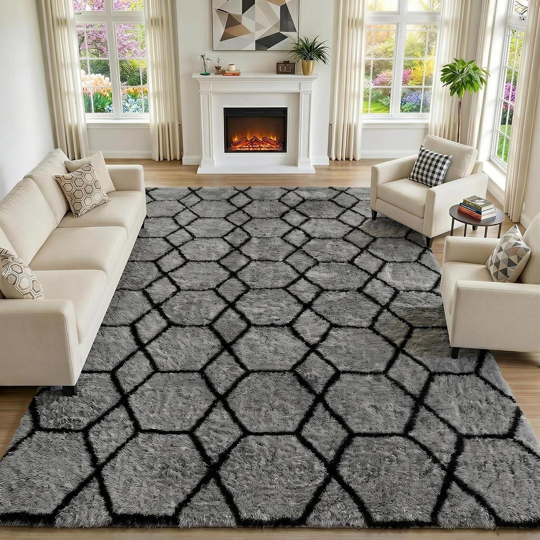 ONASAR 8x10 Area Rugs for Living Room, Fluffy Grey and Black Bedroom Rug, Geometric Boho Large Soft Plush Shaggy Fuzzy Floor Carpet for Nursery Kids Classroom Playroom Dorm Home Decor