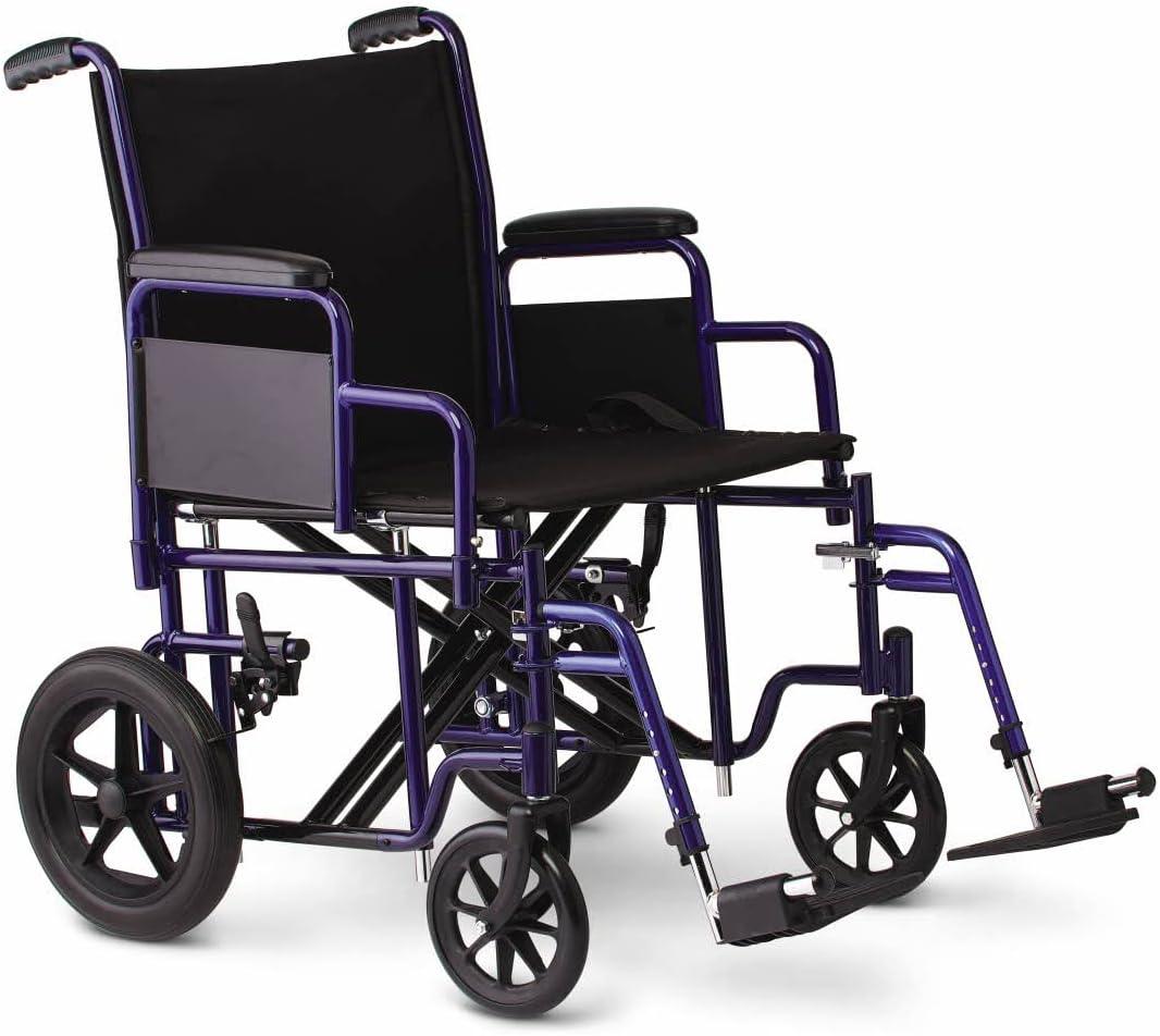 Medline Heavy Duty Transport Chair supports up to 500 lbs., Bariatric Transport Wheelchair, 22" x 18" Seat, Blue Frame