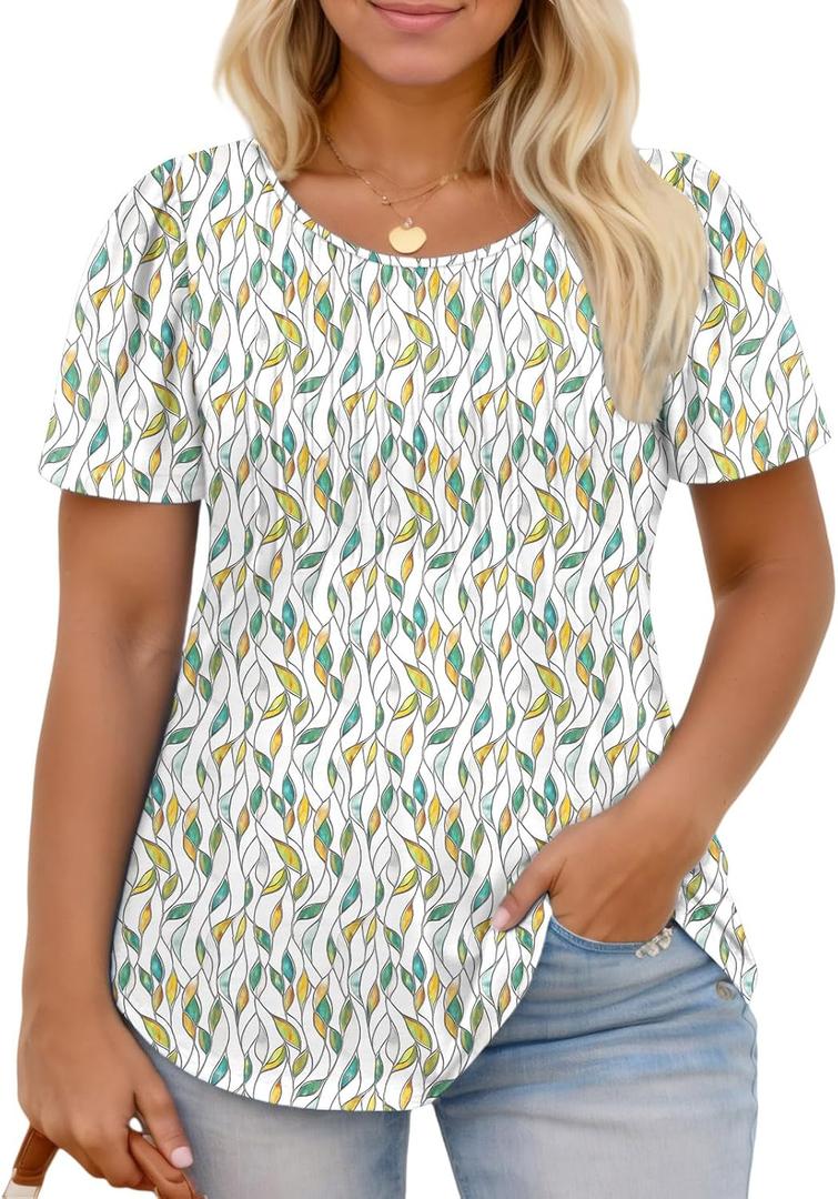 ROSRISS Plus Size Tops for Women Summer Flowy Pleated T Shirts Dressy Crew Neck Tees Casual Short Sleeve Blouses XL-5XL (XXXL)